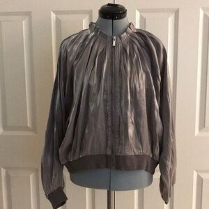 Anthropologie Shimmering Gray Silver Bomber Jacket Pleated Collar Size M